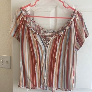 Stripped open v neck shirt white/teal/light pink/baby blue/orange/red